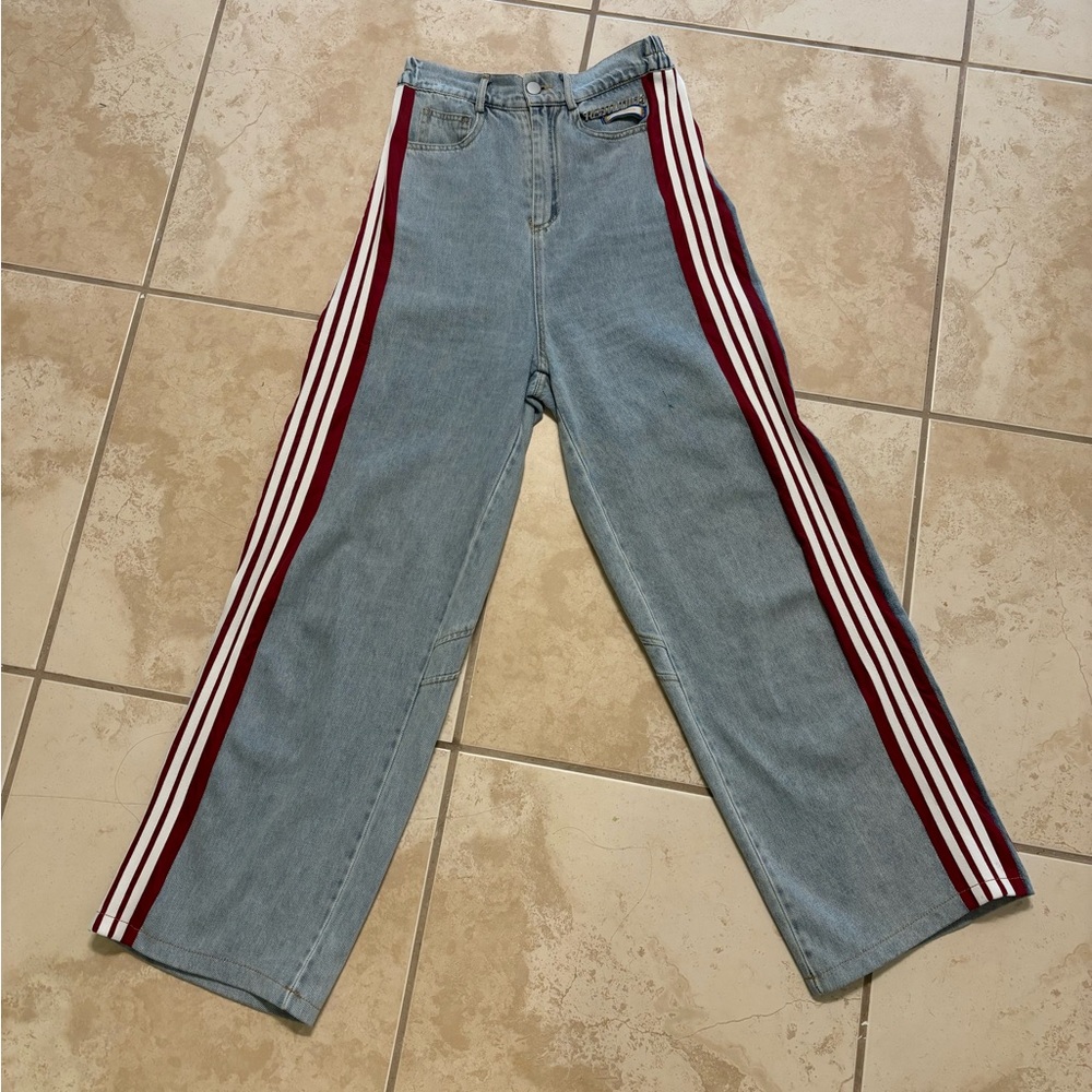 Women Blue Red Block Straight leg Denim